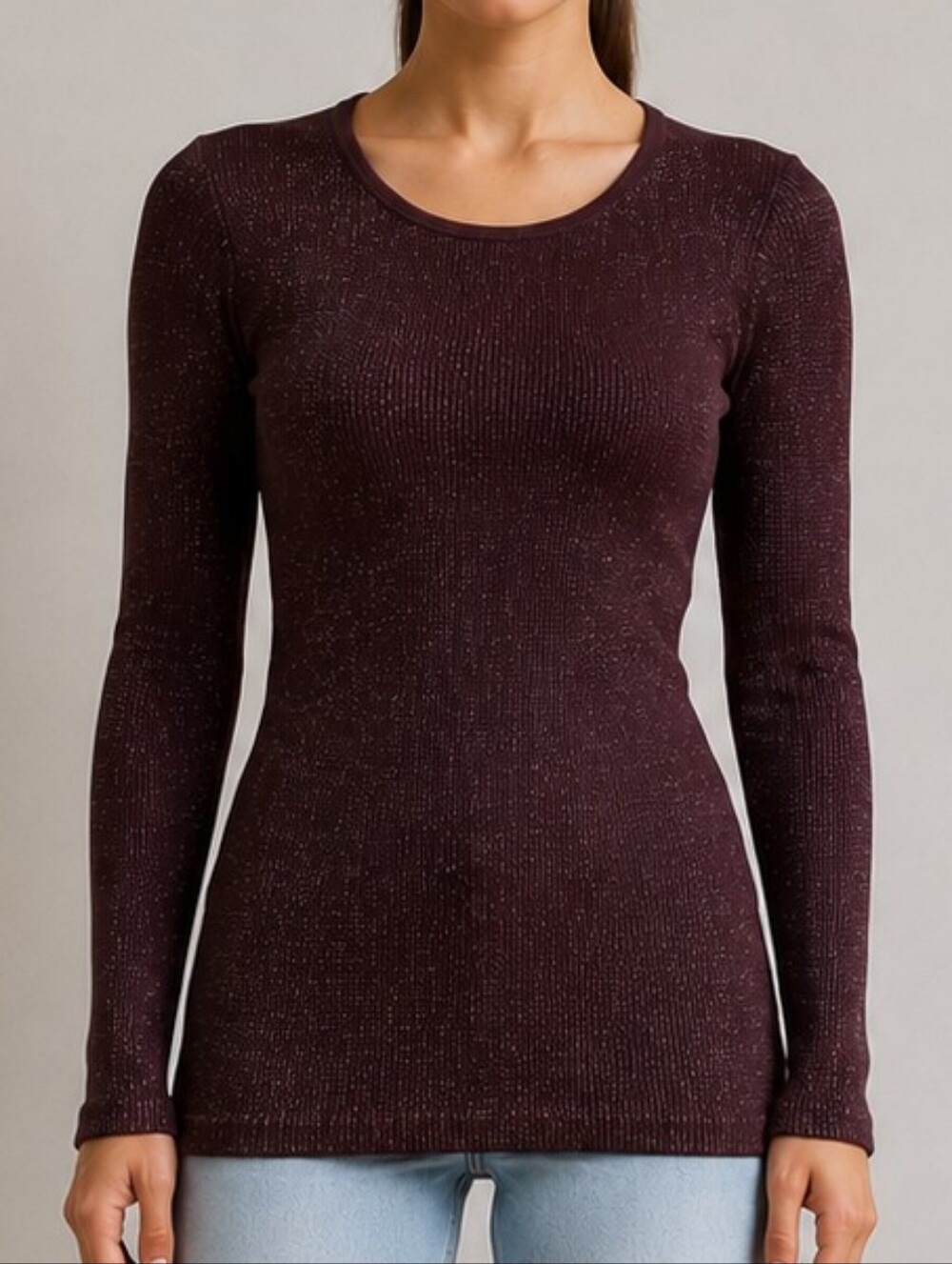 Bella Seamless Burgundy Shimmer Ribbed Long Sleeve Top ✨ Size S/M
